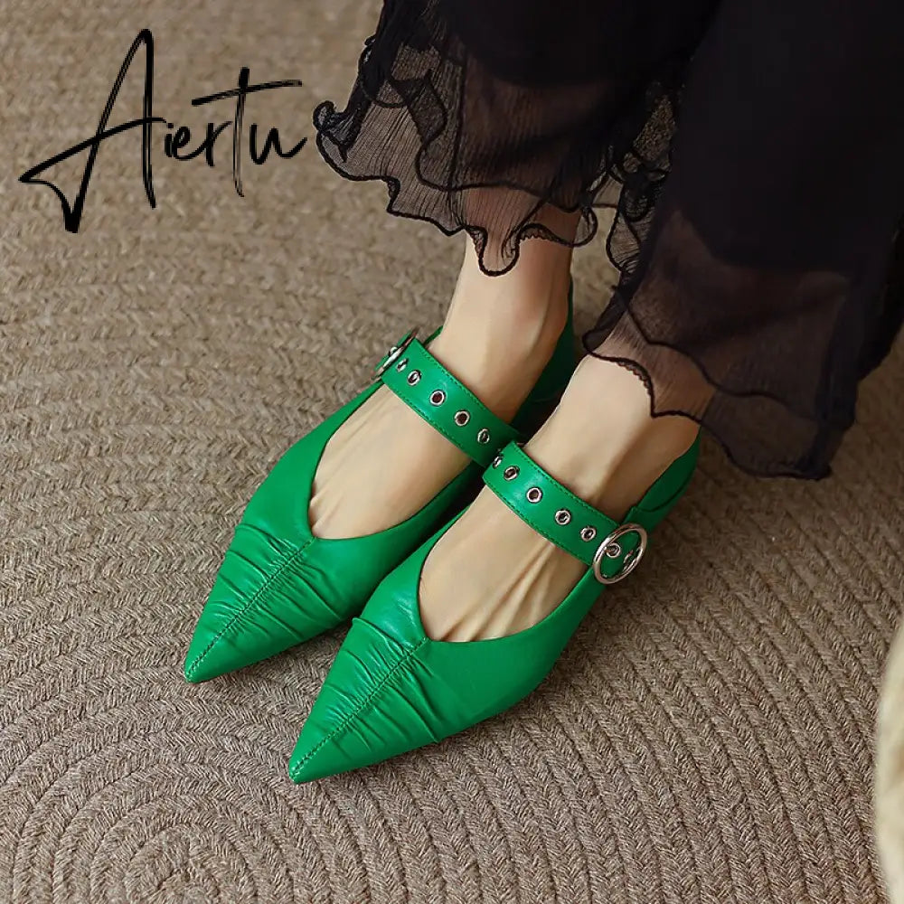 Genuine Leather Mary Jane Women's Shoes Fashion Retro Buckle Shallow Pumps Pointed Toe Low-heel Handmade Shoes Woman Size 34-40 Aiertu