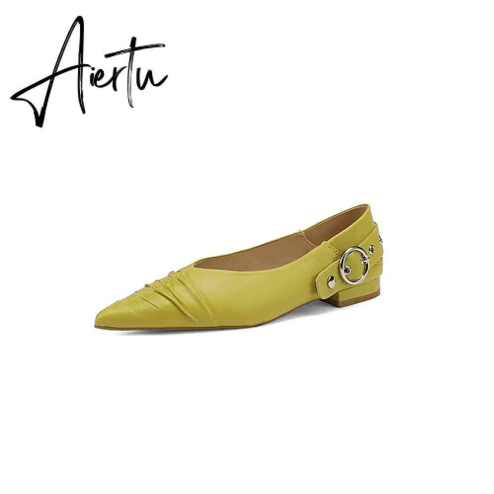 Genuine Leather Mary Jane Women's Shoes Fashion Retro Buckle Shallow Pumps Pointed Toe Low-heel Handmade Shoes Woman Size 34-40 Aiertu