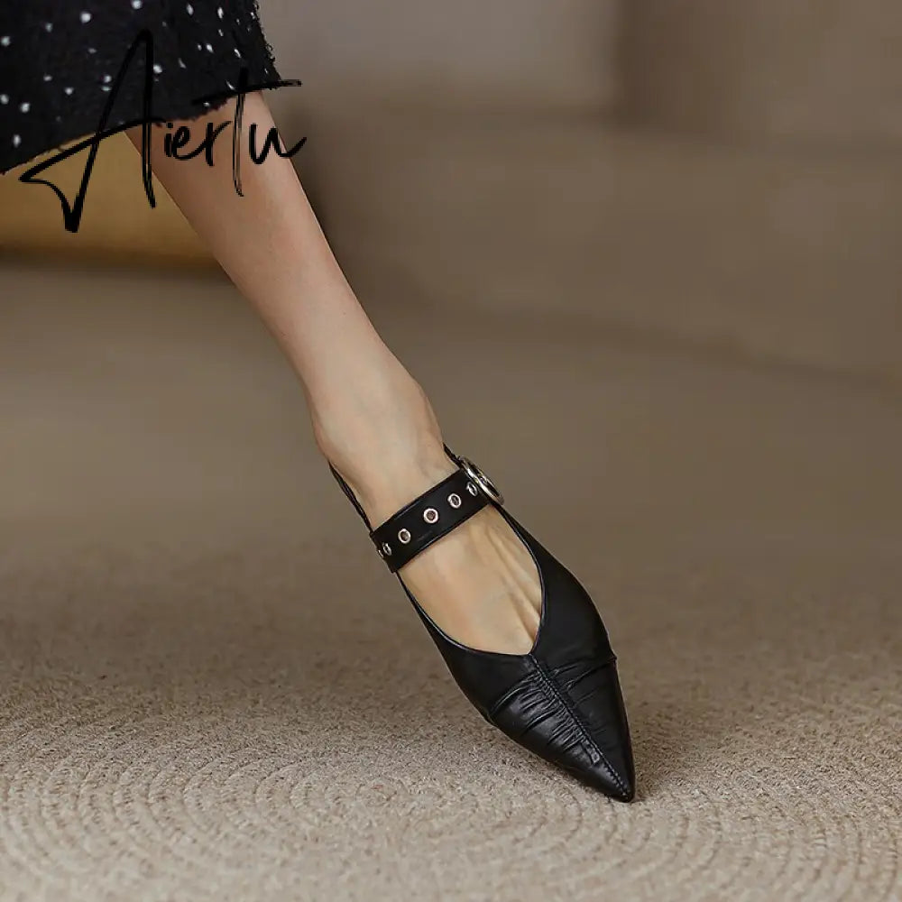 Genuine Leather Mary Jane Women's Shoes Fashion Retro Buckle Shallow Pumps Pointed Toe Low-heel Handmade Shoes Woman Size 34-40 Aiertu