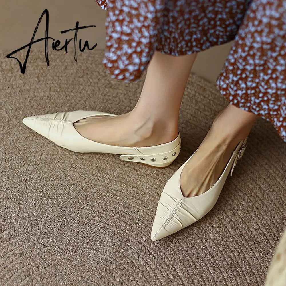Genuine Leather Mary Jane Women's Shoes Fashion Retro Buckle Shallow Pumps Pointed Toe Low-heel Handmade Shoes Woman Size 34-40 Aiertu