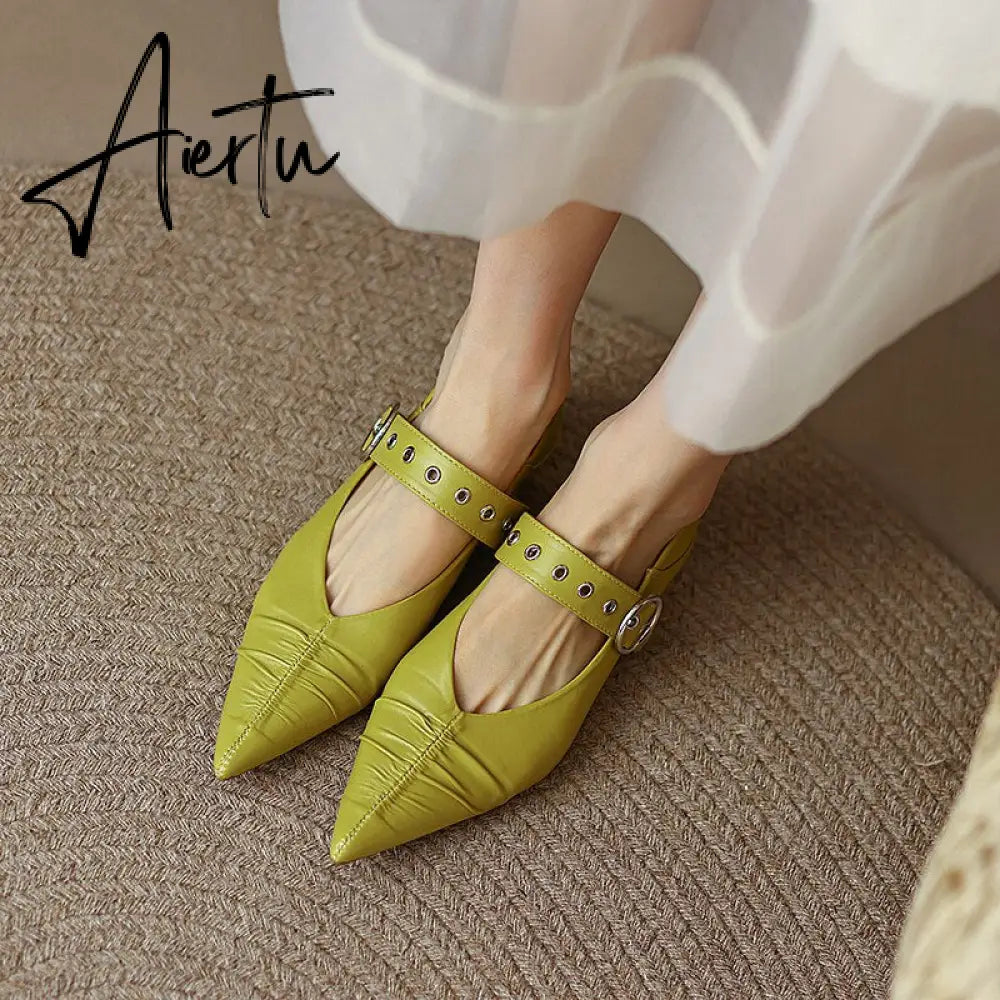 Genuine Leather Mary Jane Women's Shoes Fashion Retro Buckle Shallow Pumps Pointed Toe Low-heel Handmade Shoes Woman Size 34-40 Aiertu
