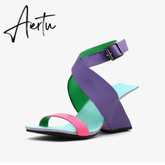 Gladiator High Heels Sandals for Women Genuine Leather Mixed Colors Women's Shoes Summer Fashion Working Office Shoes Woman Aiertu