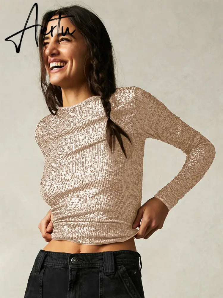 Gold Color O Neck Sweaters Women Fashion Long Sleeve Bright Silk Knit Pullover Female Autumn Elegant Office Ladies Loose Jumpers Aiertu