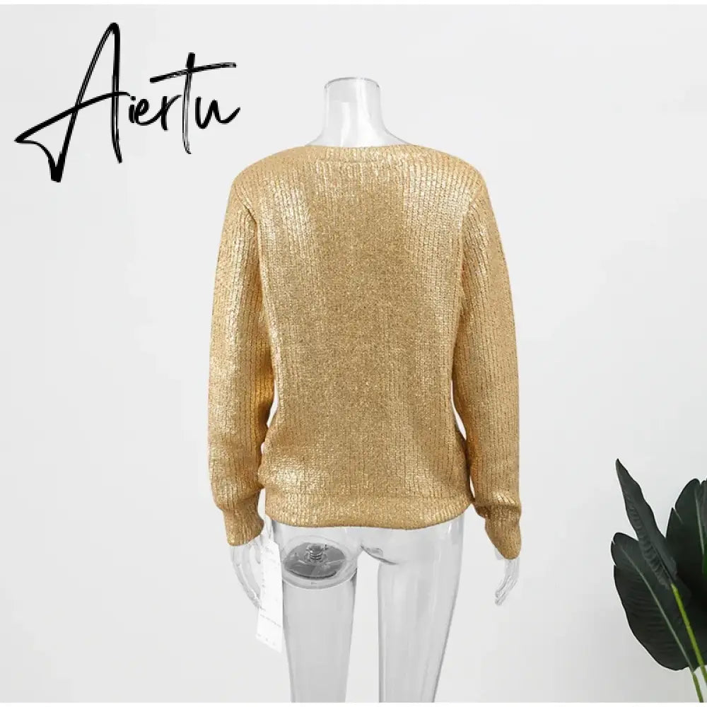 Gold Color O Neck Sweaters Women Fashion Long Sleeve Bright Silk Knit Pullover Female Autumn Elegant Office Ladies Loose Jumpers Aiertu