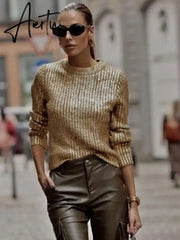 Gold Color O Neck Sweaters Women Fashion Long Sleeve Bright Silk Knit Pullover Female Autumn Elegant Office Ladies Loose Jumpers Aiertu