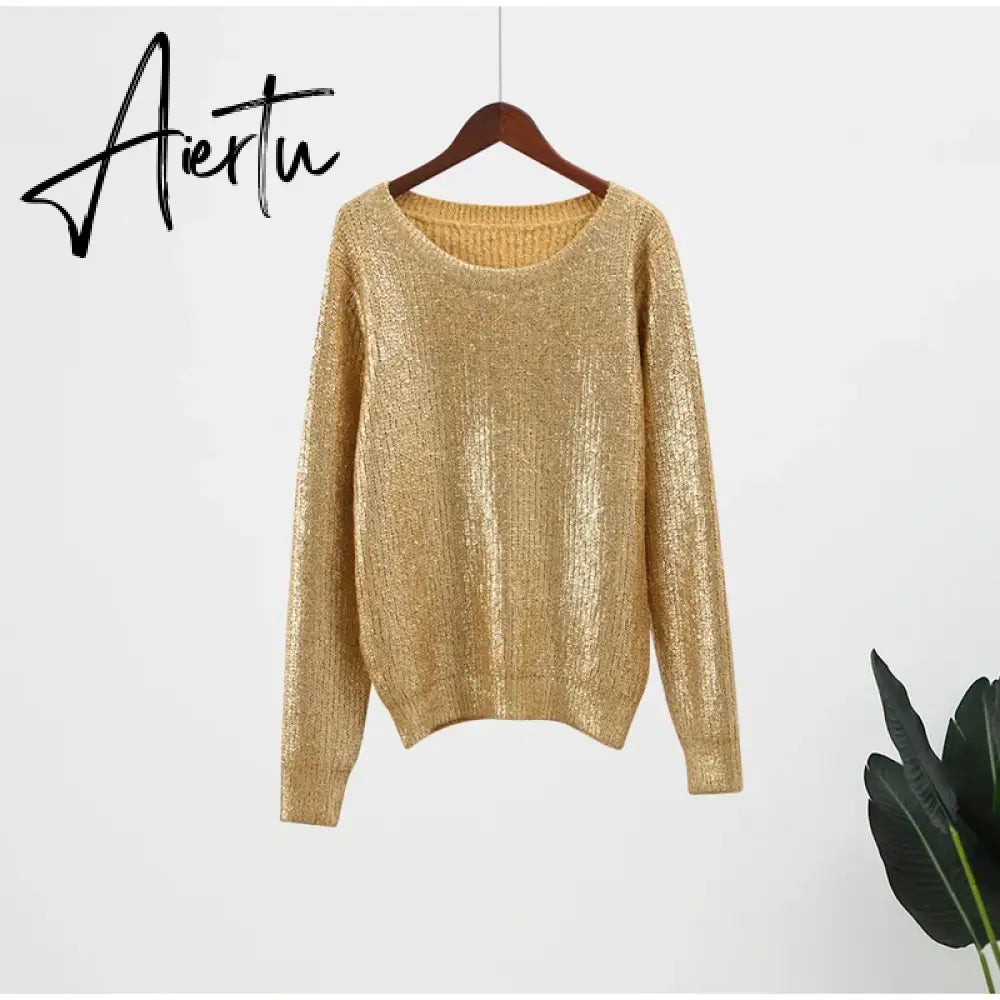 Gold Color O Neck Sweaters Women Fashion Long Sleeve Bright Silk Knit Pullover Female Autumn Elegant Office Ladies Loose Jumpers Aiertu