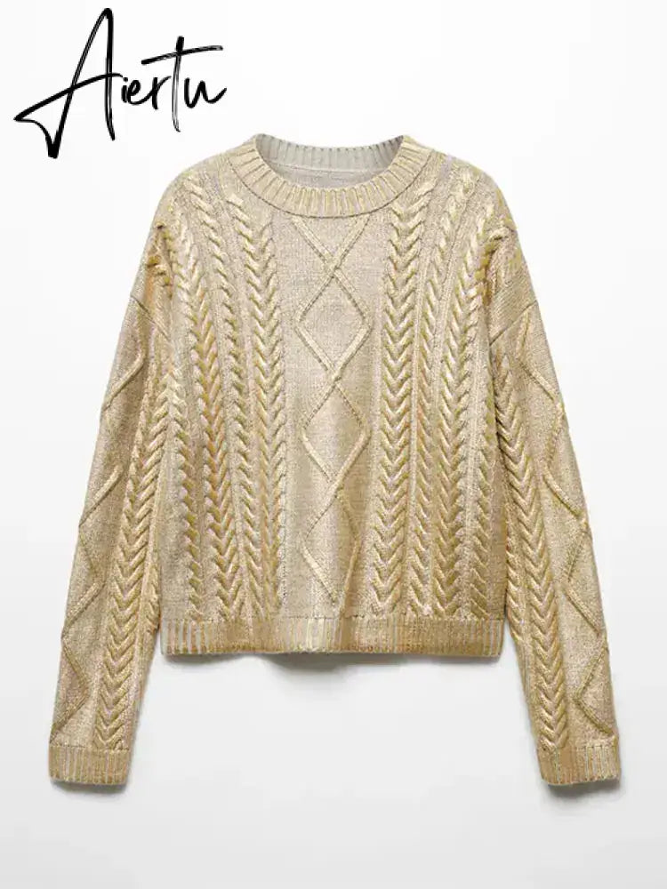 Gold Color O Neck Sweaters Women Fashion Long Sleeve Bright Silk Knit Pullover Female Autumn Elegant Office Ladies Loose Jumpers Aiertu