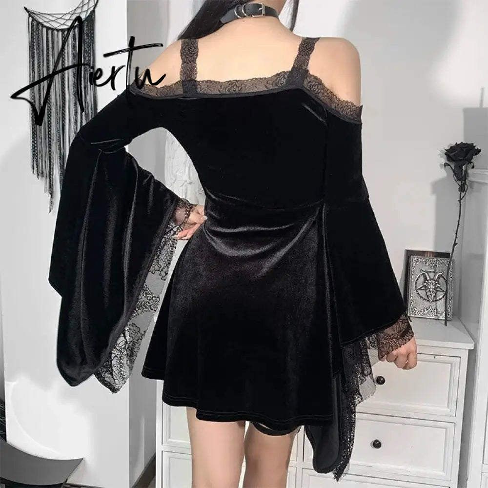 Goth Sexy Flare Sleeve Black Dress Y2K Harajuku High Waist A Line Mini Dresses Off Shoulder Punk Halloween Autumn Dress Aiertu