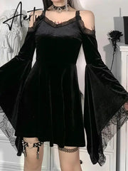 Goth Sexy Flare Sleeve Black Dress Y2K Harajuku High Waist A Line Mini Dresses Off Shoulder Punk Halloween Autumn Dress Aiertu