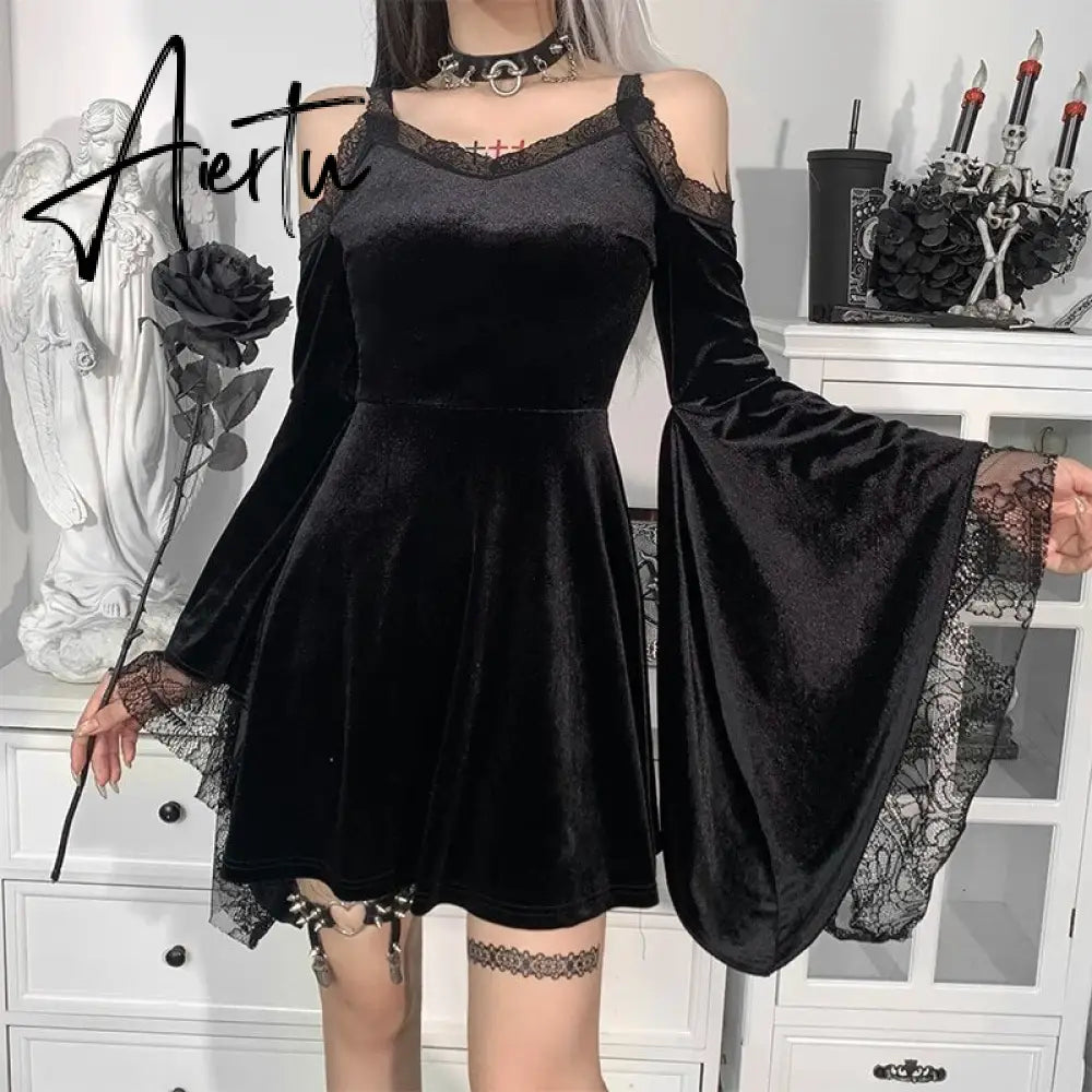 Goth Sexy Flare Sleeve Black Dress Y2K Harajuku High Waist A Line Mini Dresses Off Shoulder Punk Halloween Autumn Dress Aiertu