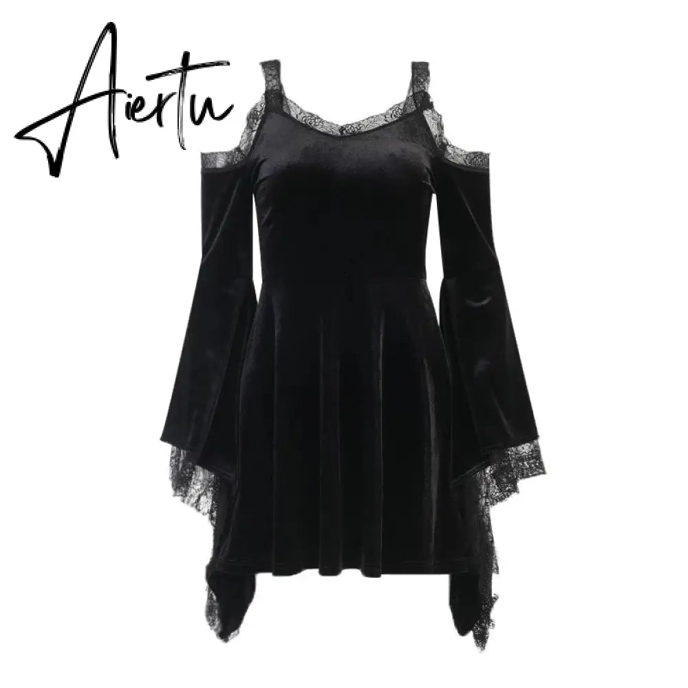 Goth Sexy Flare Sleeve Black Dress Y2K Harajuku High Waist A Line Mini Dresses Off Shoulder Punk Halloween Autumn Dress Aiertu