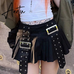 Gothic A-line Pleated Skirt Streetwear y2k Low Rise Stitched Ribbon Loose Black Skirts for Women Punk Style Outfits Chic Aiertu