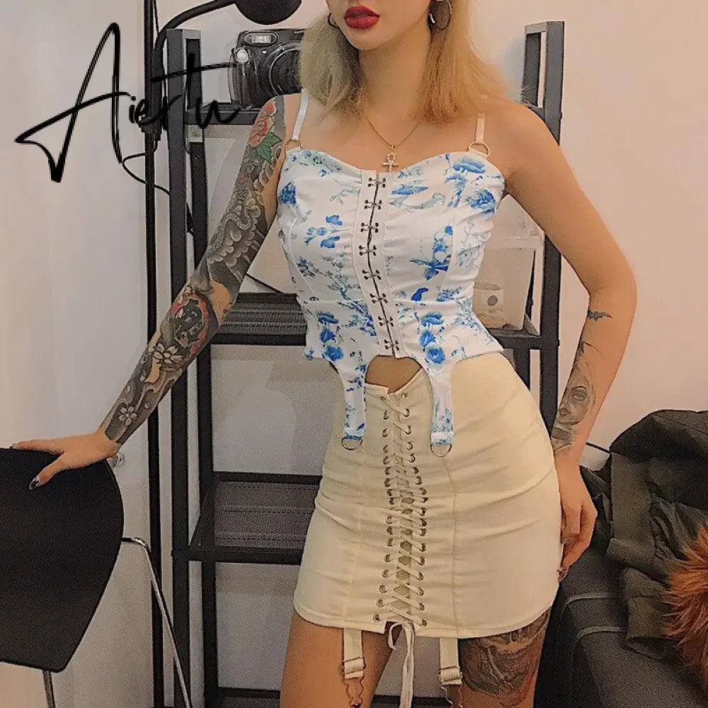 Gothic Y2K Vintage Mini Skirt Women Punk Patchwork Summer High Waist Skirt Bodycon Eyelet Lace Up Aesthetic Sexy Skirts Aiertu