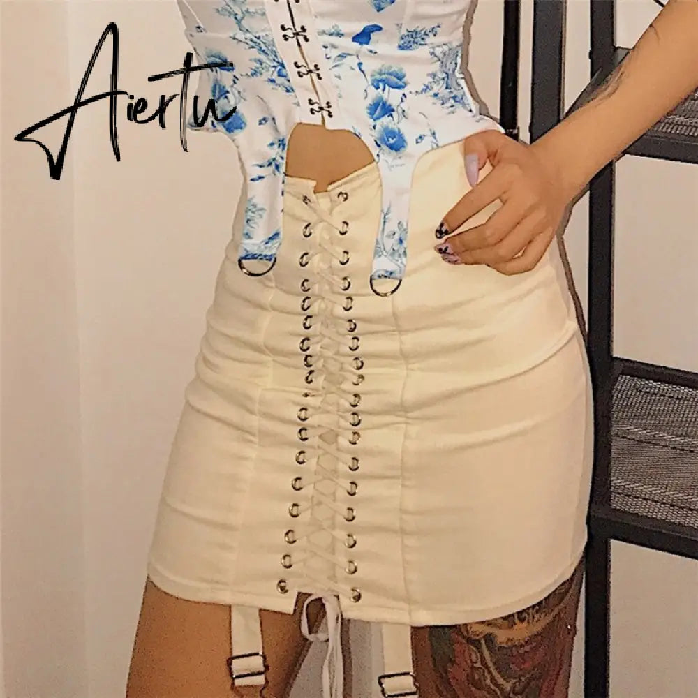 Gothic Y2K Vintage Mini Skirt Women Punk Patchwork Summer High Waist Skirt Bodycon Eyelet Lace Up Aesthetic Sexy Skirts Aiertu