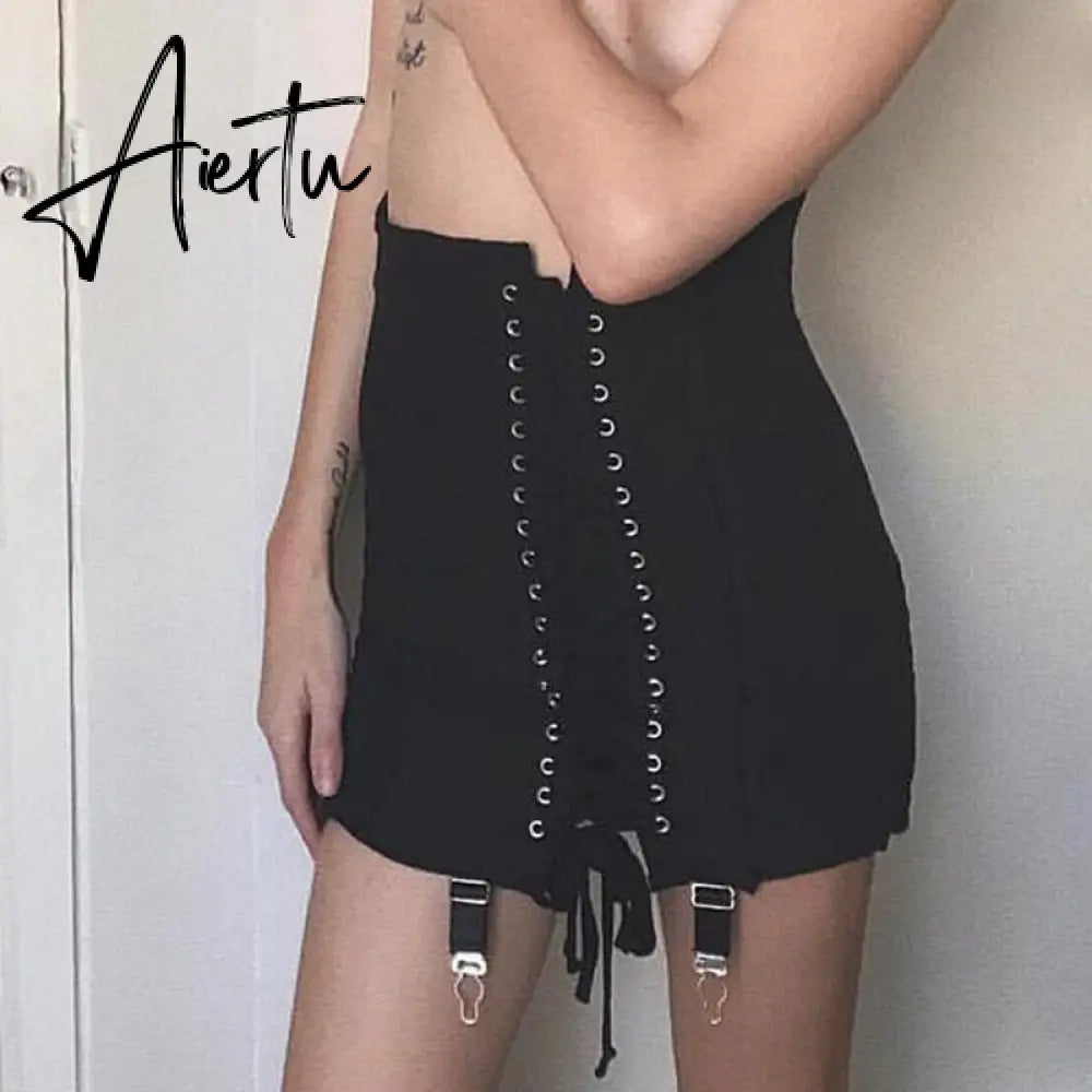 Gothic Y2K Vintage Mini Skirt Women Punk Patchwork Summer High Waist Skirt Bodycon Eyelet Lace Up Aesthetic Sexy Skirts Aiertu