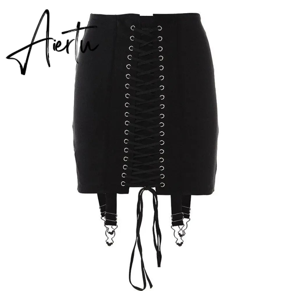Gothic Y2K Vintage Mini Skirt Women Punk Patchwork Summer High Waist Skirt Bodycon Eyelet Lace Up Aesthetic Sexy Skirts Aiertu