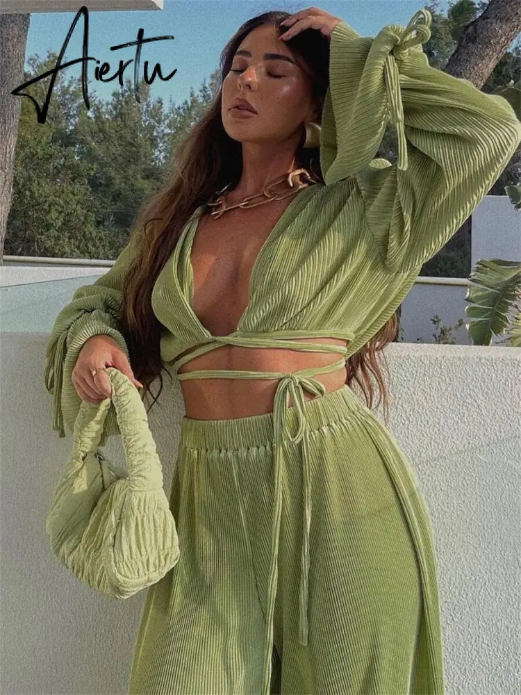 Green Pleated 2Pieces Pants Suits Women Sets Solid Flare Long Sleeve Bandage Crop Tops+Wide Leg Loose Long Pants Outfits Aiertu