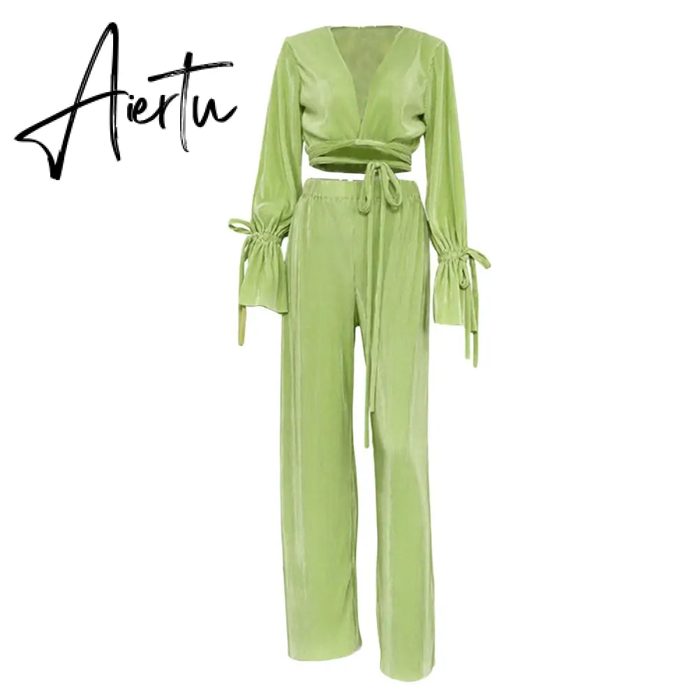 Green Pleated 2Pieces Pants Suits Women Sets Solid Flare Long Sleeve Bandage Crop Tops+Wide Leg Loose Long Pants Outfits Aiertu