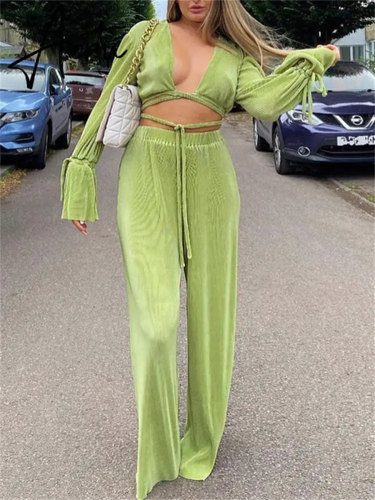 Green Pleated 2Pieces Pants Suits Women Sets Solid Flare Long Sleeve Bandage Crop Tops+Wide Leg Loose Long Pants Outfits Aiertu