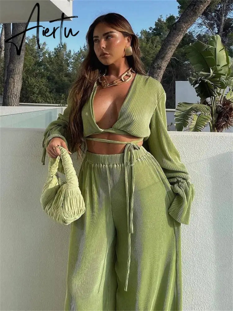 Green Pleated 2Pieces Pants Suits Women Sets Solid Flare Long Sleeve Bandage Crop Tops+Wide Leg Loose Long Pants Outfits Aiertu