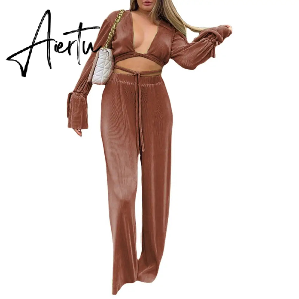 Green Pleated 2Pieces Pants Suits Women Sets Solid Flare Long Sleeve Bandage Crop Tops+Wide Leg Loose Long Pants Outfits Aiertu