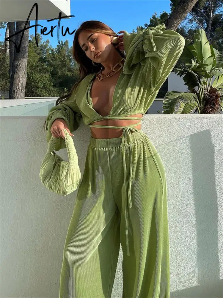 Green Pleated 2Pieces Pants Suits Women Sets Solid Flare Long Sleeve Bandage Crop Tops+Wide Leg Loose Long Pants Outfits Aiertu