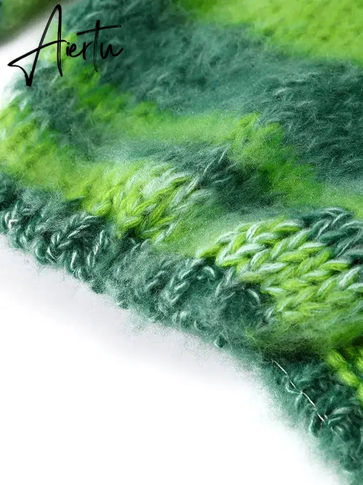 Green Stripe Crochet Knitted Cardigan Sweater Women's Lantern Sleeve Oversize Cardigan Coat Autumn Fashion Lady Streetwear Aiertu