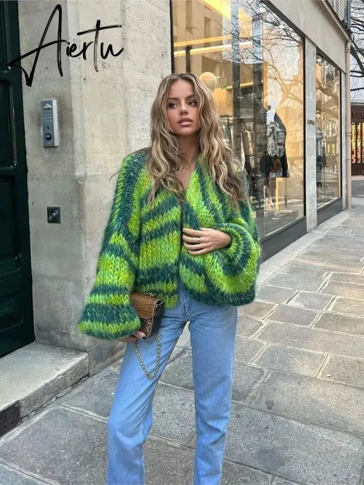 Green Stripe Crochet Knitted Cardigan Sweater Women's Lantern Sleeve Oversize Cardigan Coat Autumn Fashion Lady Streetwear Aiertu