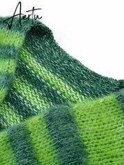 Green Stripe Crochet Knitted Cardigan Sweater Women's Lantern Sleeve Oversize Cardigan Coat Autumn Fashion Lady Streetwear Aiertu