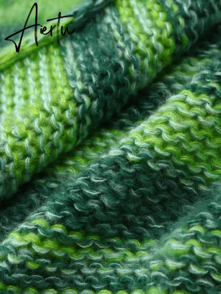 Green Stripe Crochet Knitted Cardigan Sweater Women's Lantern Sleeve Oversize Cardigan Coat Autumn Fashion Lady Streetwear Aiertu