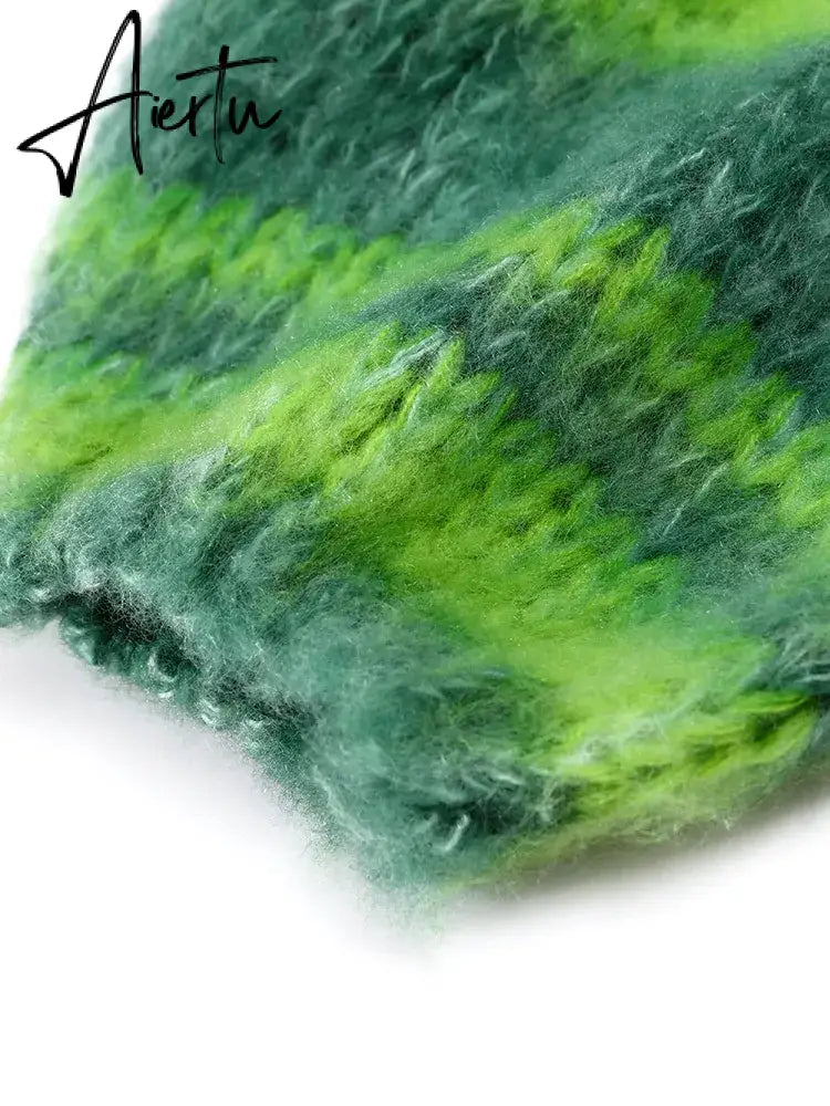 Green Stripe Crochet Knitted Cardigan Sweater Women's Lantern Sleeve Oversize Cardigan Coat Autumn Fashion Lady Streetwear Aiertu