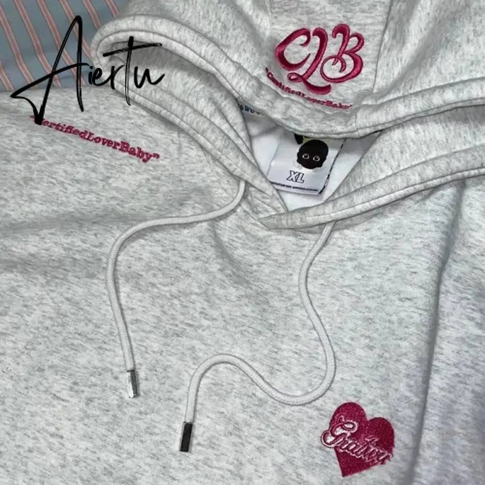 Grey Plush Women Sweatshirt Hoodie Vintage Letter Embroidery Long Sleeve Korean Fashion Casual Y2K Style Autumn Female Tops Aiertu
