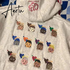Grey Plush Women Sweatshirt Hoodie Vintage Letter Embroidery Long Sleeve Korean Fashion Casual Y2K Style Autumn Female Tops Aiertu