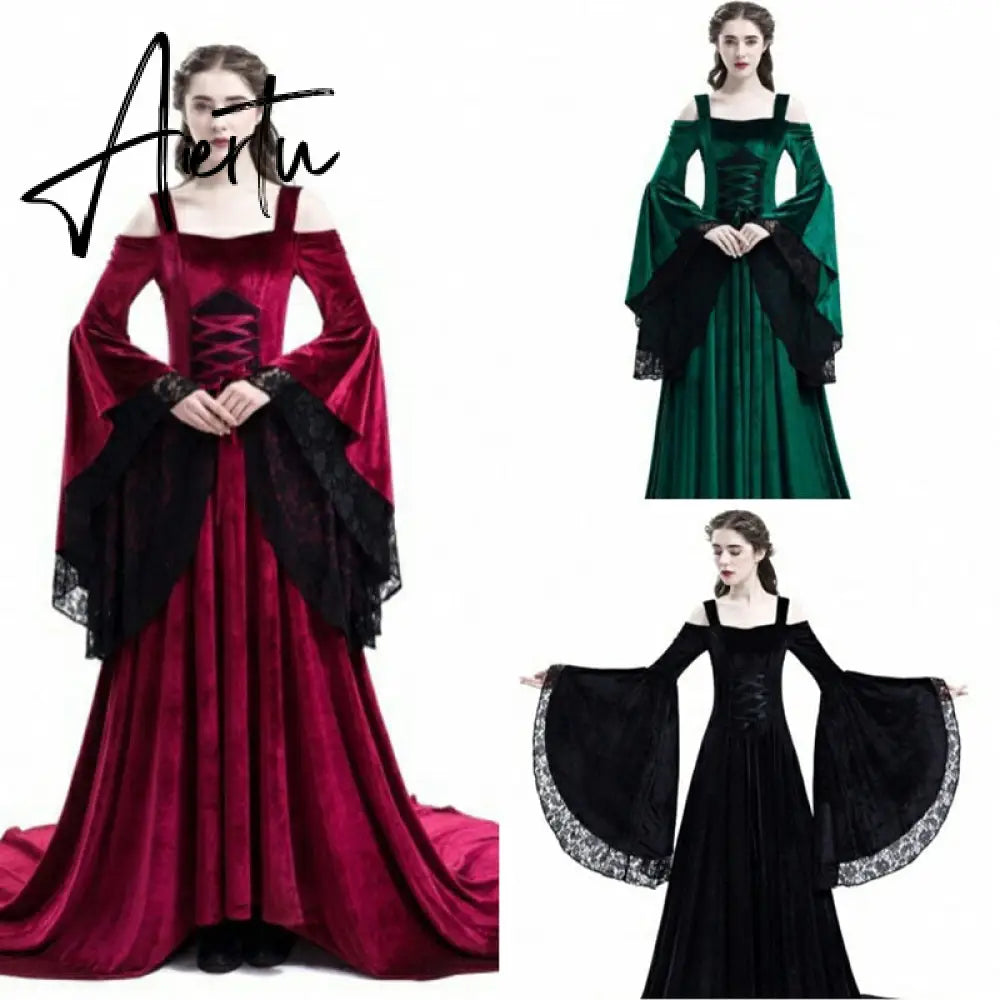 Halloween Cosplay Costume for Women Medieval Renaissance Gothic Witch Lace Fairy Dress Vampire Vintage Black Maxi Vestido New Aiertu