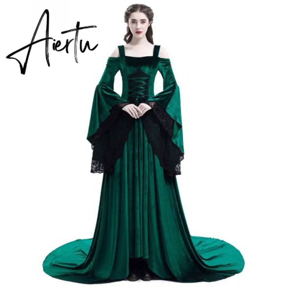Halloween Cosplay Costume for Women Medieval Renaissance Gothic Witch Lace Fairy Dress Vampire Vintage Black Maxi Vestido New Aiertu