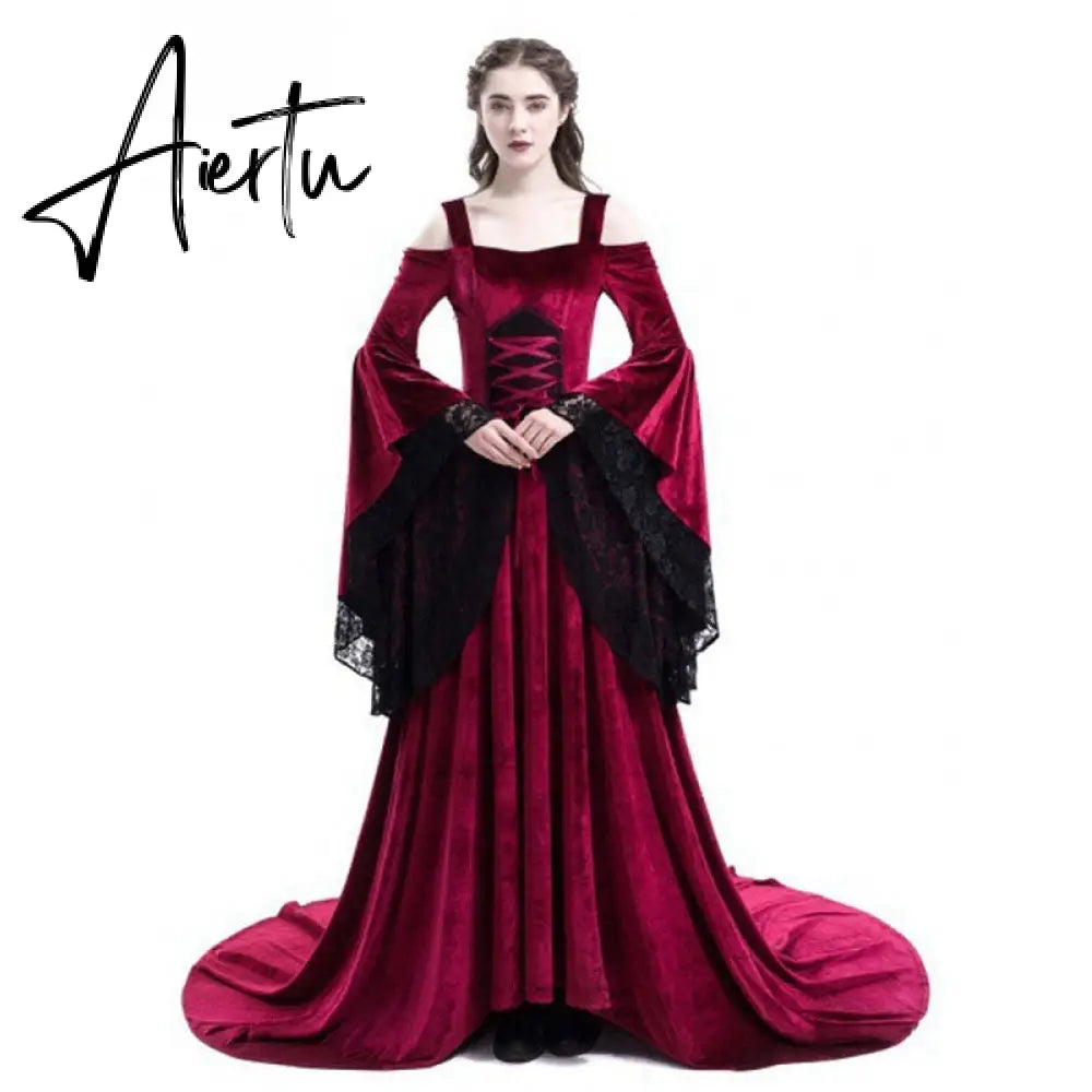 Halloween Cosplay Costume for Women Medieval Renaissance Gothic Witch Lace Fairy Dress Vampire Vintage Black Maxi Vestido New Aiertu