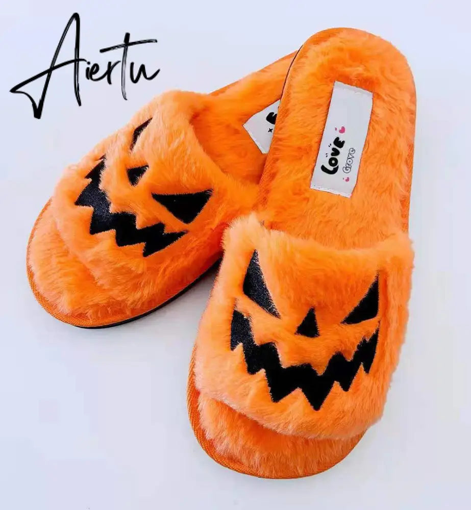 Halloween Pumpkin Lantern Slippers Autumn Soft Furry Comfort Closed Toe Slides Women Size 43 Outdoor Slippers Zapatos Mujer Aiertu