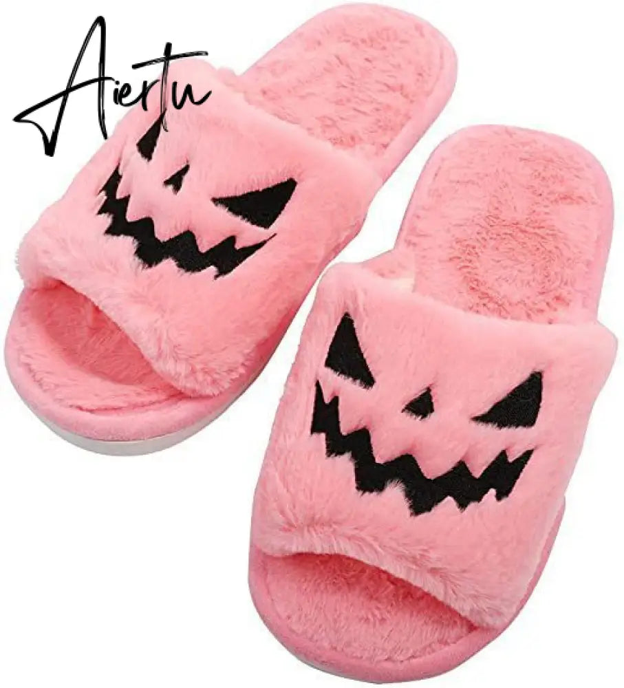 Halloween Pumpkin Lantern Slippers Autumn Soft Furry Comfort Closed Toe Slides Women Size 43 Outdoor Slippers Zapatos Mujer Aiertu