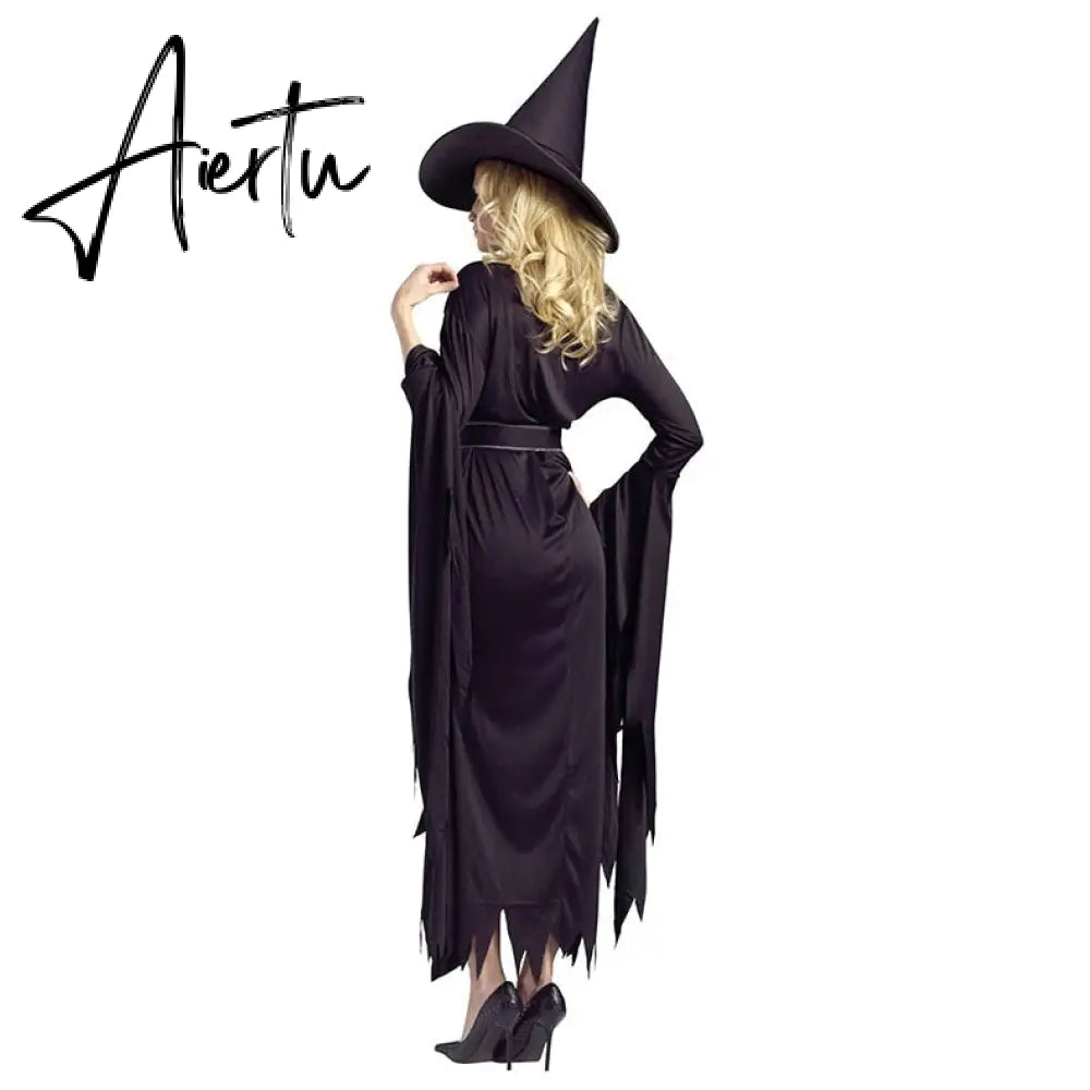 Halloween Witch Costumes for Women Adult Fantasy Black Witch Dress UP Party Dress Carnival Performance Dress Aiertu