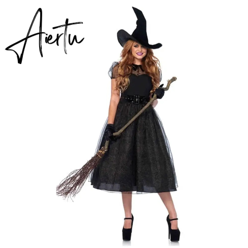 Halloween Witch Costumes for Women Adult Fantasy Black Witch Dress UP Party Dress Carnival Performance Dress Aiertu