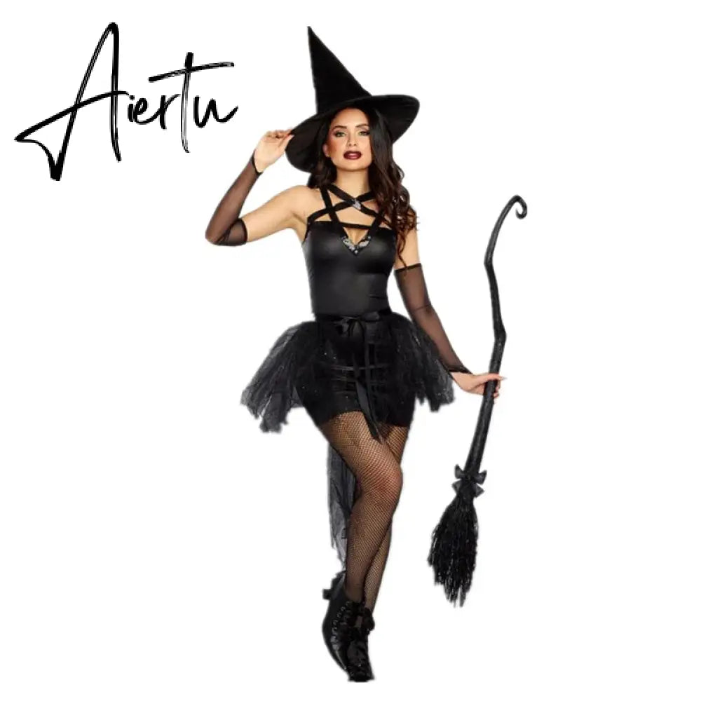Halloween Witch Costumes for Women Adult Fantasy Black Witch Dress UP Party Dress Carnival Performance Dress Aiertu