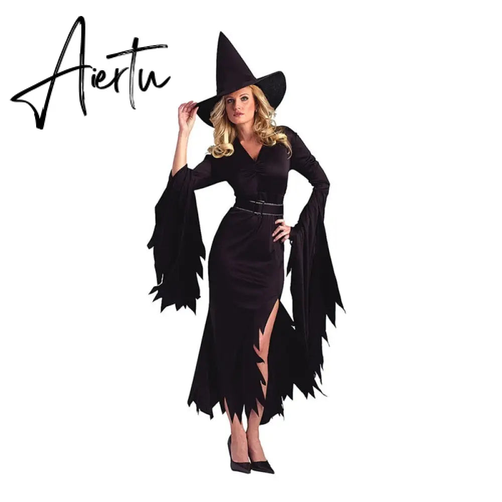 Halloween Witch Costumes for Women Adult Fantasy Black Witch Dress UP Party Dress Carnival Performance Dress Aiertu
