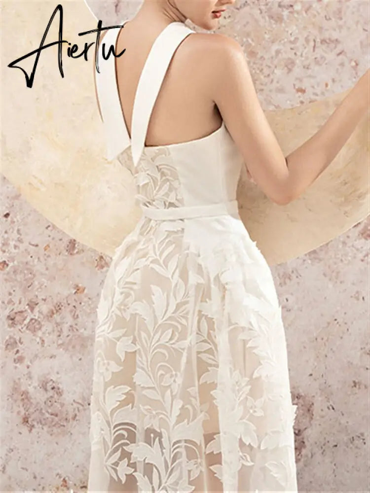 Halter Neck Sundress Women Beach Lace Vintage Sexy Sleeveless Boho Party Backless Runway Embroidery Summer Woman Dress Robe Aiertu