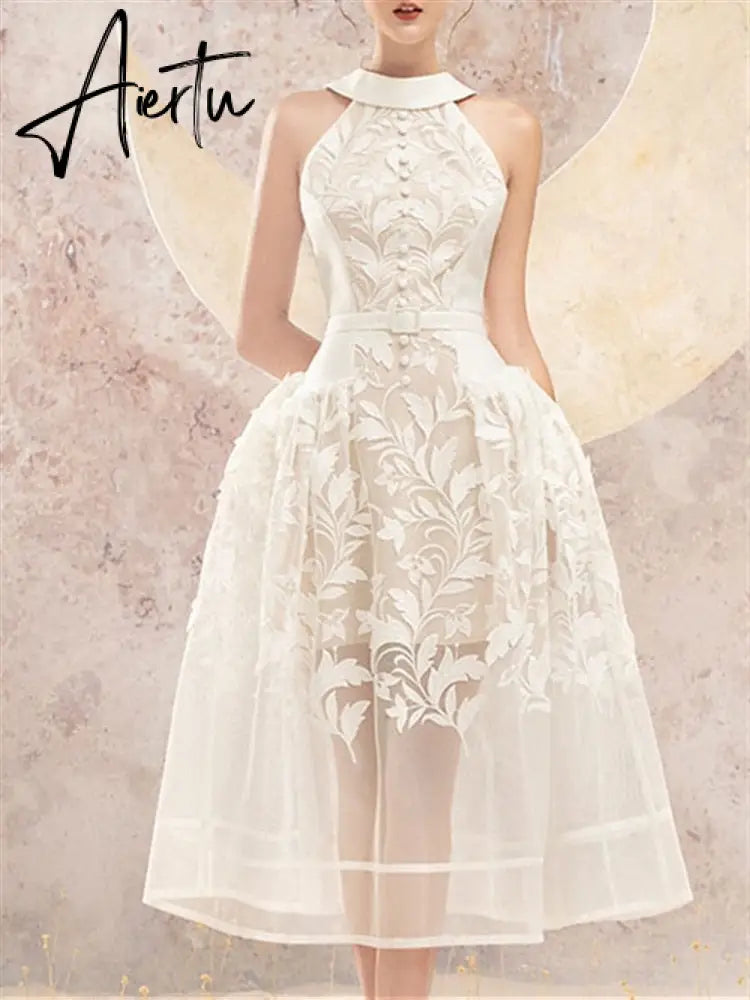 Halter Neck Sundress Women Beach Lace Vintage Sexy Sleeveless Boho Party Backless Runway Embroidery Summer Woman Dress Robe Aiertu