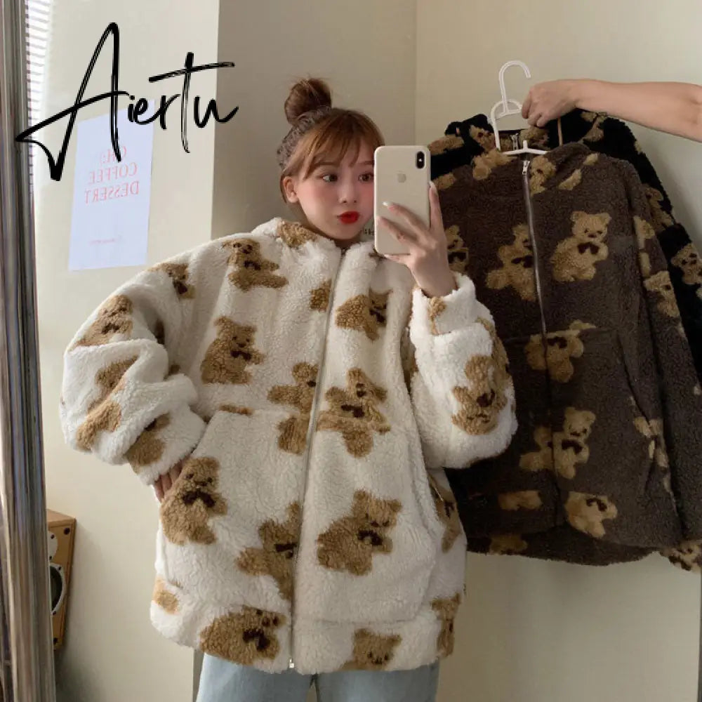 Harajuku Heart-shaped Print Plush Jacket Women Winter Korean Long Sleeve Hooded Coat Thick Warm Couple Streetwear Outerwear Aiertu