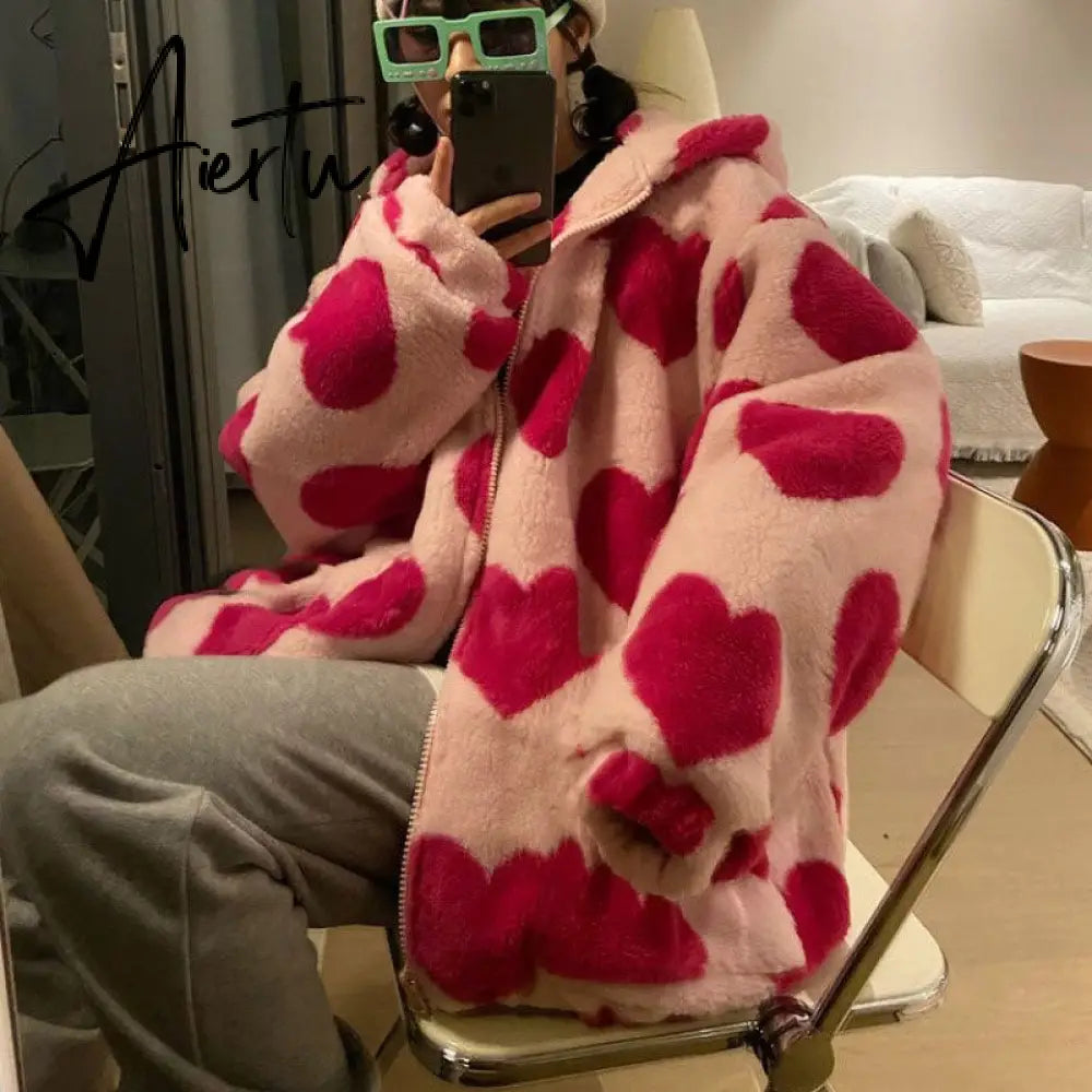 Harajuku Heart-shaped Print Plush Jacket Women Winter Korean Long Sleeve Hooded Coat Thick Warm Couple Streetwear Outerwear Aiertu