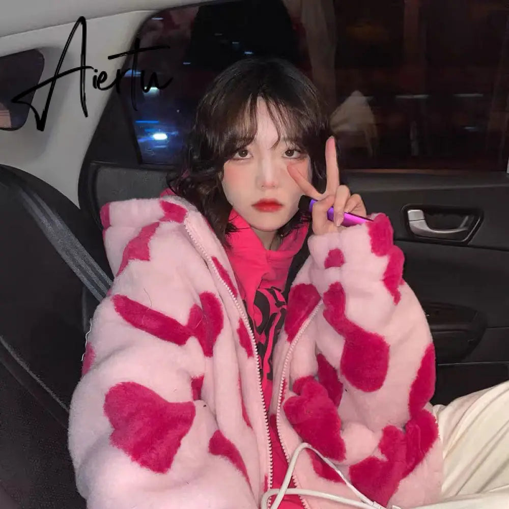 Harajuku Heart-shaped Print Plush Jacket Women Winter Korean Long Sleeve Hooded Coat Thick Warm Couple Streetwear Outerwear Aiertu