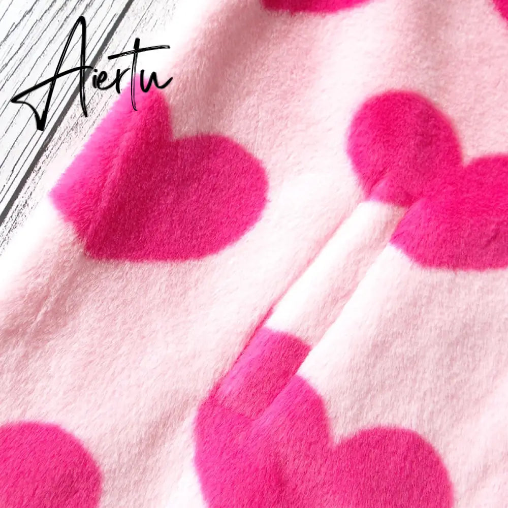 Harajuku Heart-shaped Print Plush Jacket Women Winter Korean Long Sleeve Hooded Coat Thick Warm Couple Streetwear Outerwear Aiertu