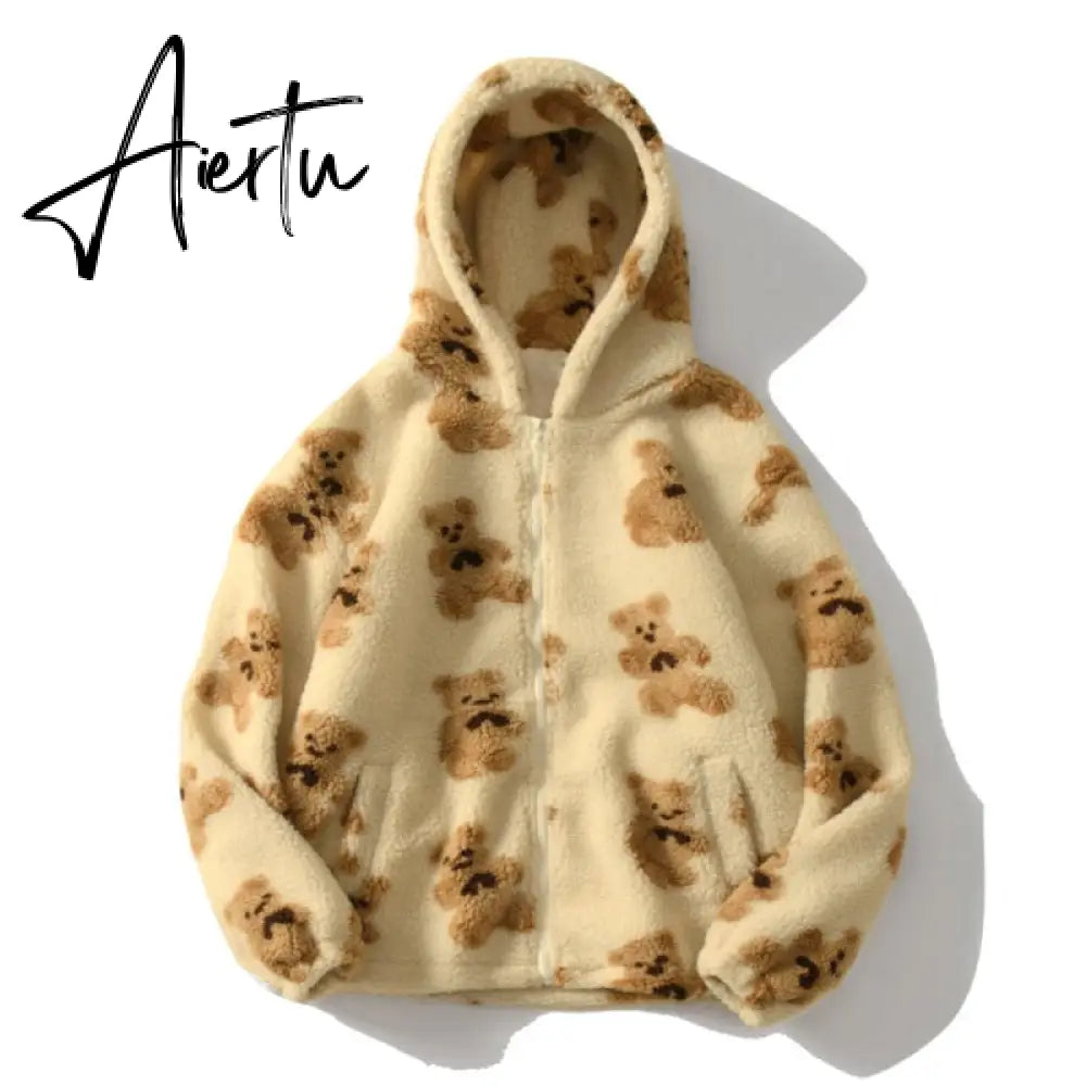 Harajuku Heart-shaped Print Plush Jacket Women Winter Korean Long Sleeve Hooded Coat Thick Warm Couple Streetwear Outerwear Aiertu