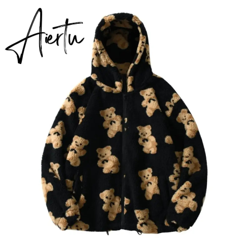 Harajuku Heart-shaped Print Plush Jacket Women Winter Korean Long Sleeve Hooded Coat Thick Warm Couple Streetwear Outerwear Aiertu